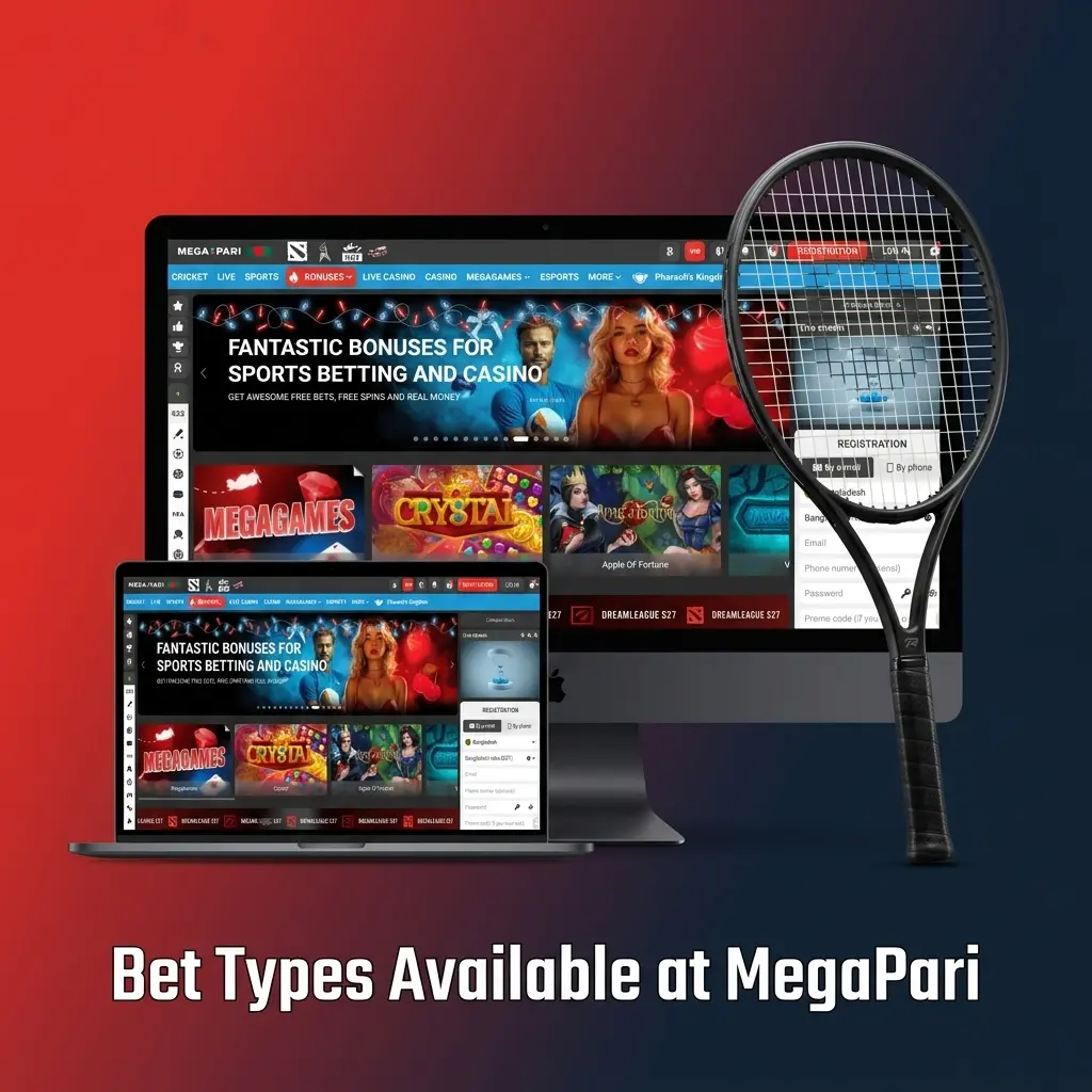 MegaPari bet slip showing single, parlay, system, pre-match, and live bet types with odds and payout display