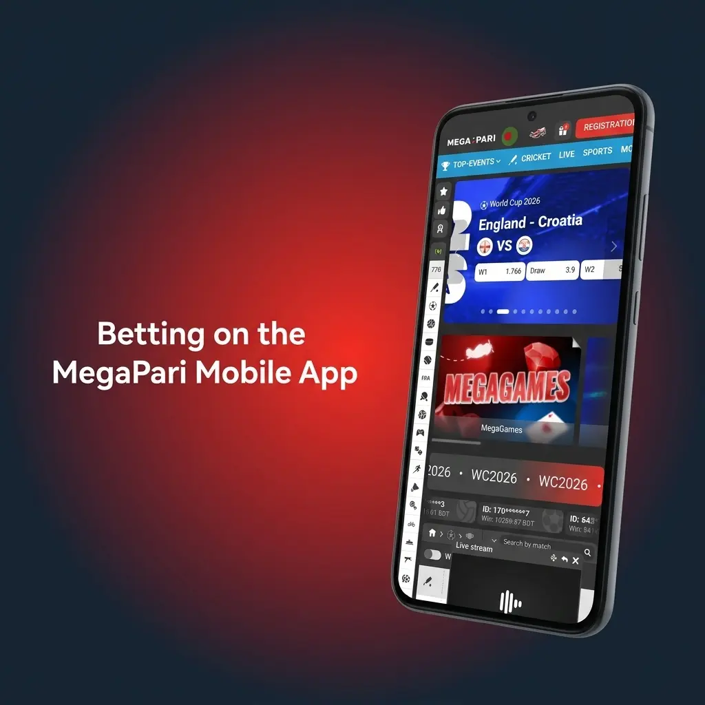 MegaPari Android app APK download screen showing sports betting interface with live odds and mobile-optimized layout