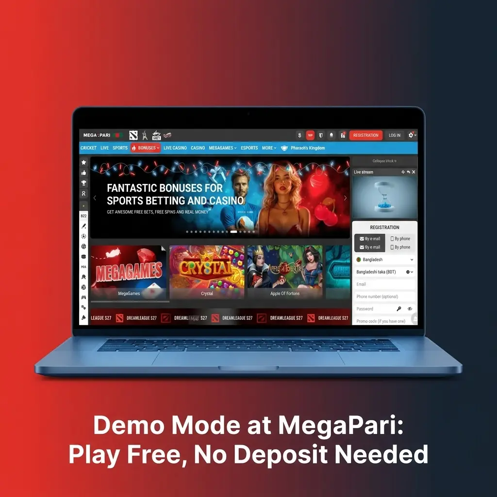MegaPari demo mode interface showing free slot gameplay with virtual credits and no deposit required