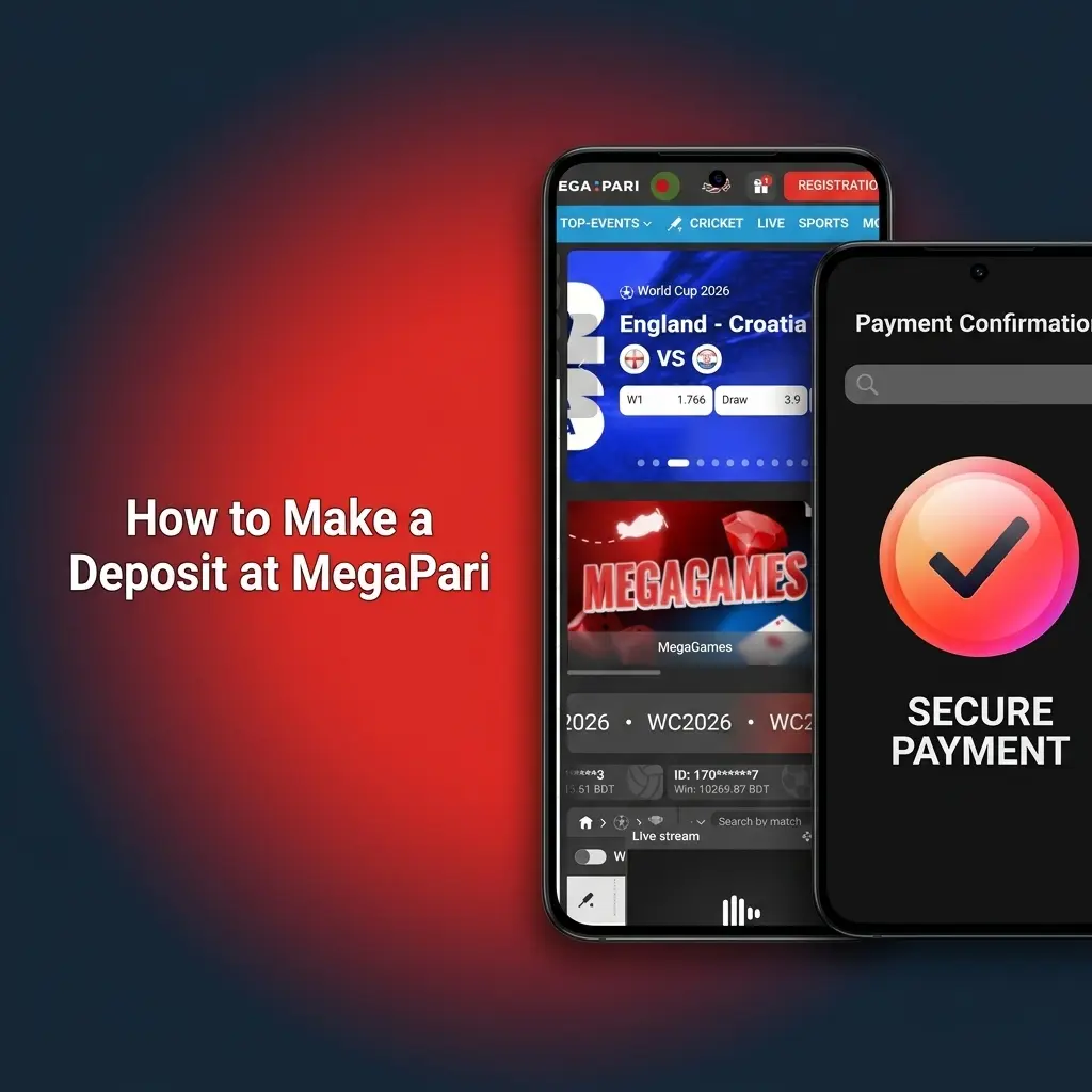 MegaPari deposit steps showing cashier section, payment method selection, and ETB amount entry for betting or casino play