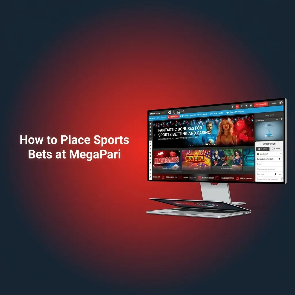 MegaPari sports betting interface showing navigation panel, live events, and bet slip for placing single or parlay bets