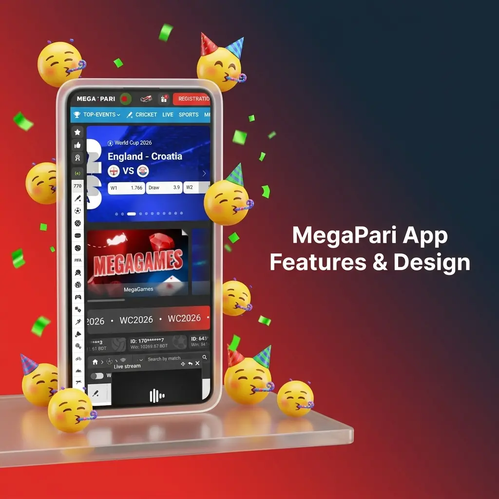 MegaPari app interface showing dark navy and red design with bottom navigation bar for sports betting and casino on mobile