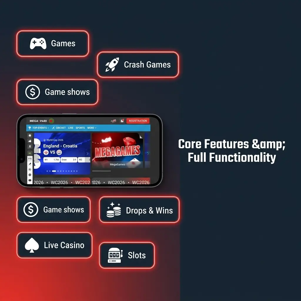 MegaPari mobile app showing sports betting, live streaming, casino games, and 24/7 support features on smartphone