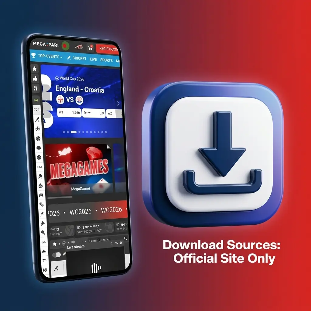 Official MegaPari APK download button on verified secure page, warning against third-party sources and malware risks