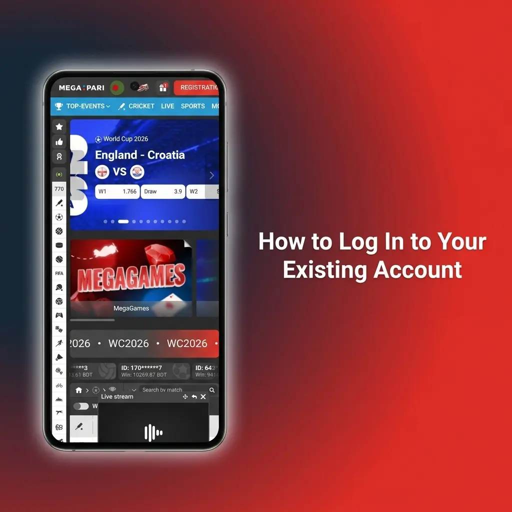 MegaPari app login screen showing email, phone, and password fields with biometric login option