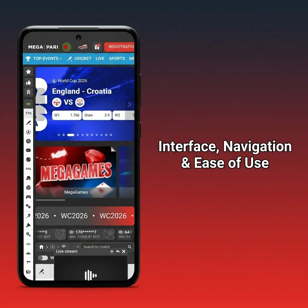 Mobile betting app bottom navigation bar showing Sports, Casino, Live Casino, Promotions, and Account sections