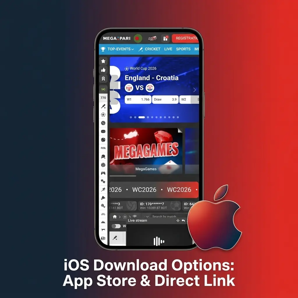 MegaPari iOS app download options showing App Store and direct PWA link for iPhone users in Ethiopia