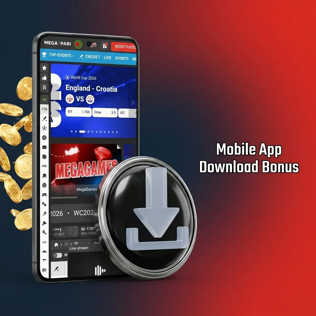 MegaPari mobile app download bonus for Android and iOS with exclusive promotions available after first login
