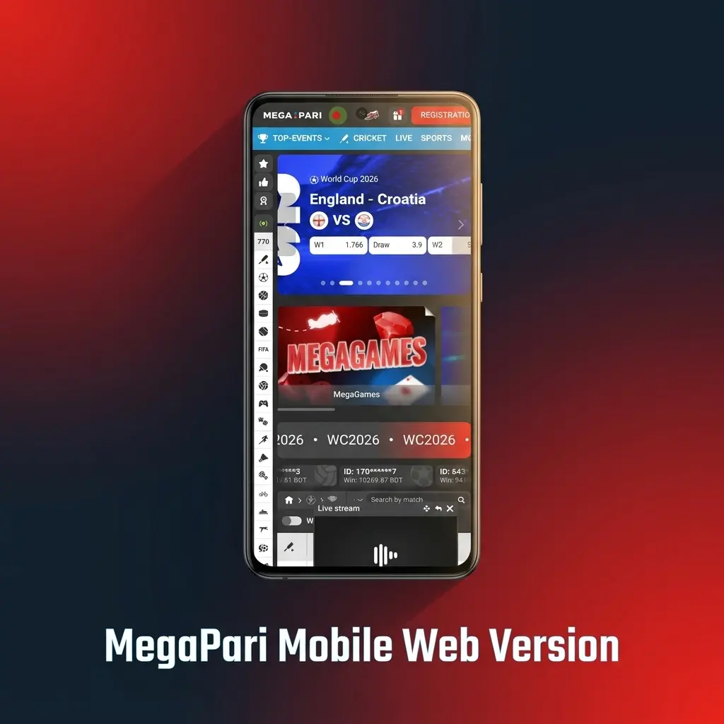 MegaPari mobile web version displayed on smartphone and tablet browsers with full betting and casino access