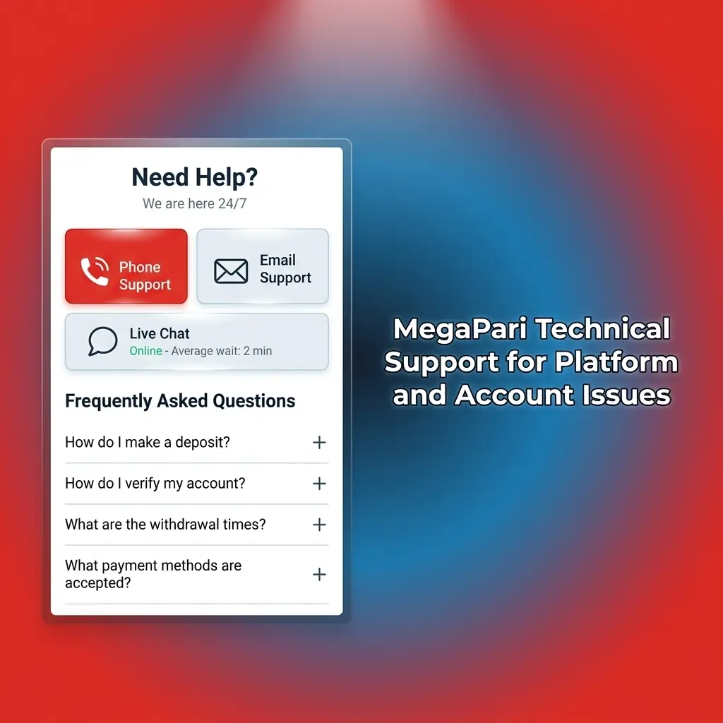 MegaPari technical support team assisting a user with platform login and account issue via live chat on desktop