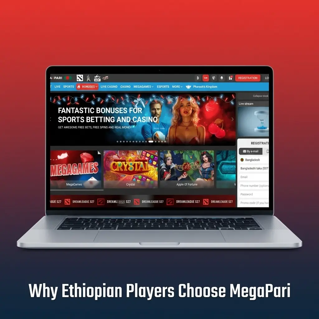 MegaPari platform interface showing sports betting, casino games, and mobile app features for Ethiopian players